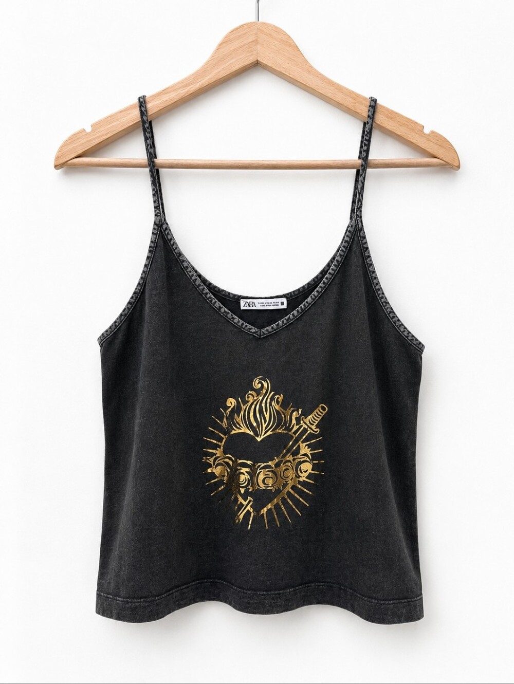 ZARA Black Tank Top with Metallic Gold Heart Graphic Size M